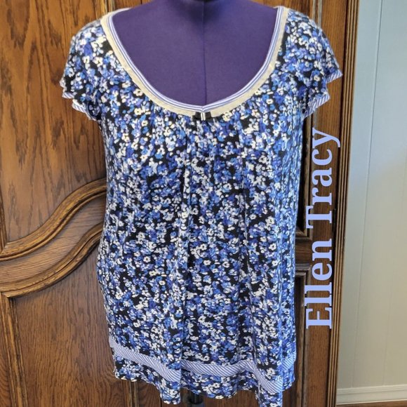 ❣️HP❣️Ellen Tracy black/blue print flutter sleeve soft chemise sleepwear sz: M - Picture 1 of 7